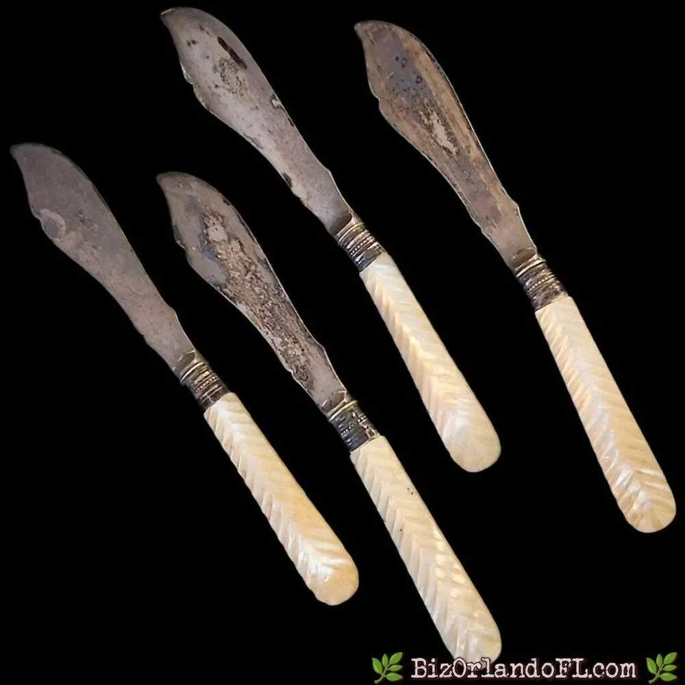 Antique Mother of Pearl Fish Set 4 Knives 4 Forks Chevron Carved Silverplate 8pc